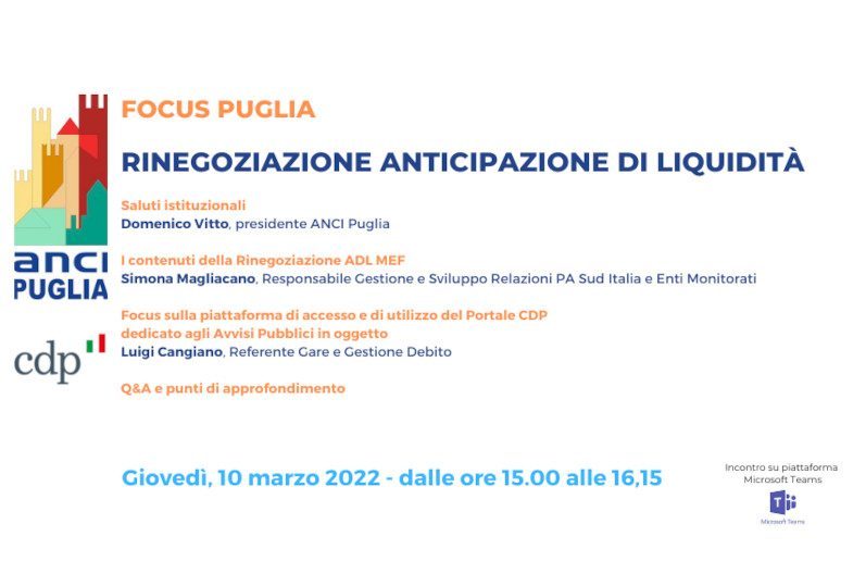 Formazione: “Rinegoziazione Anticipazione di Liquidità MEF” Focus Puglia Giovedì 10 marzo ore 15