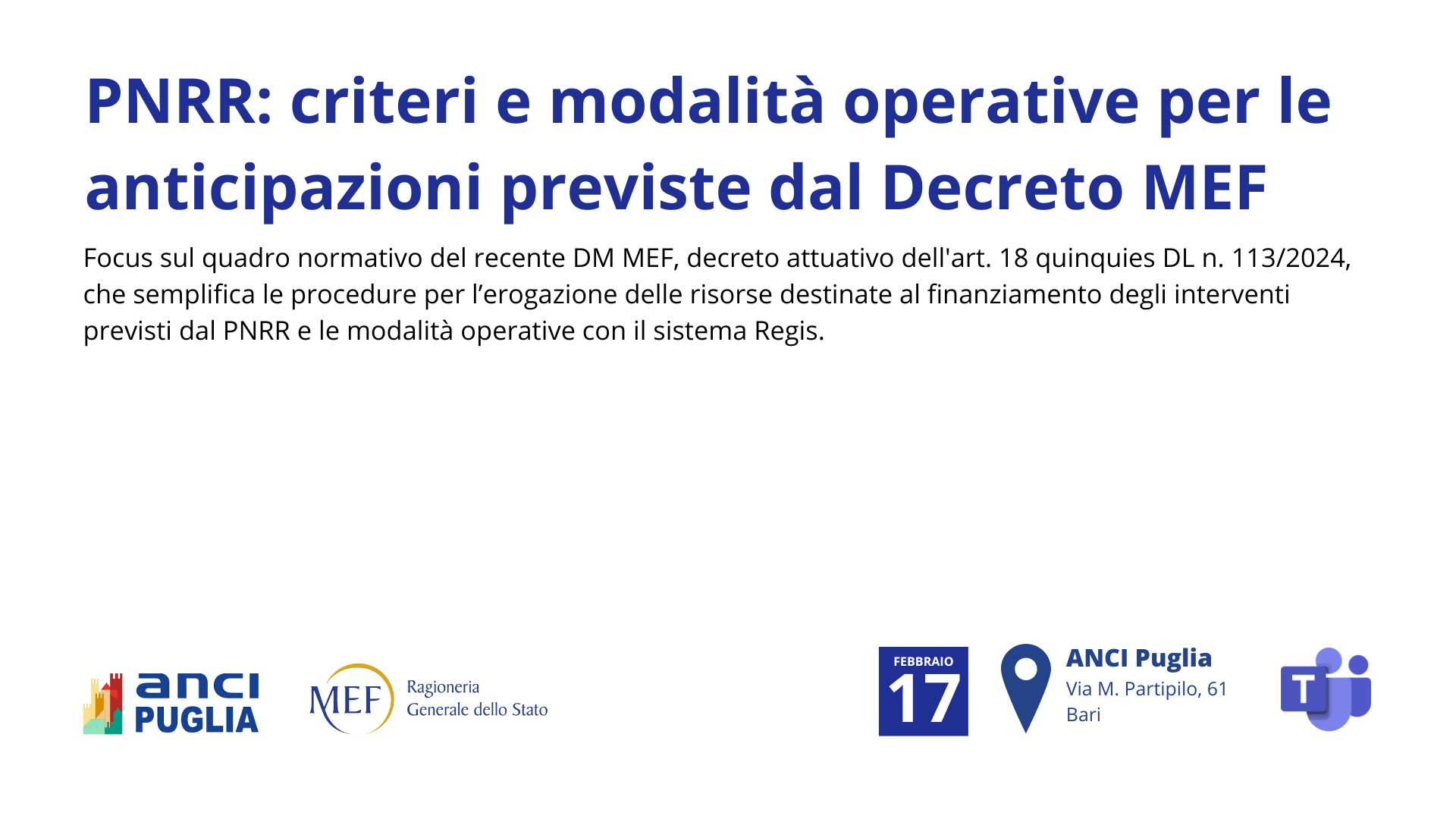 PNRR: criteri e modalità operative per le anticipazioni previste dal Decreto MEF